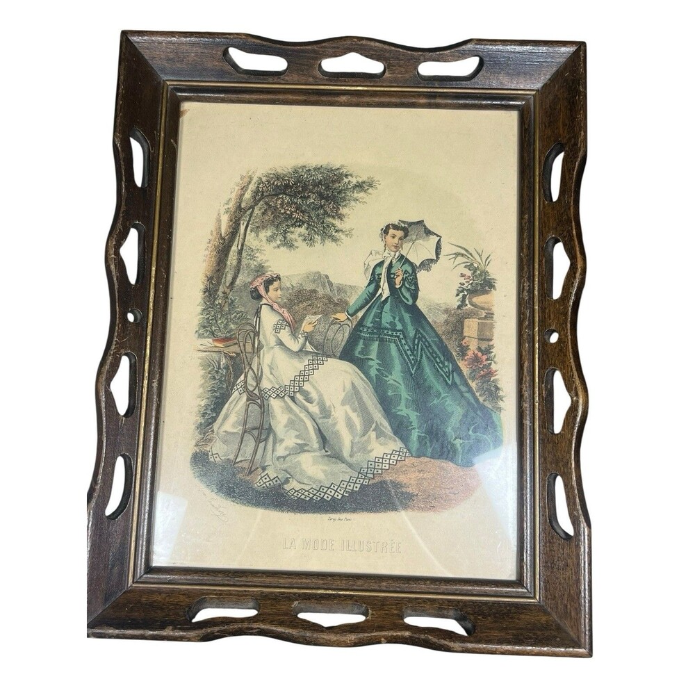Antique VTG‎ La Mode Illustree Paris French Fashion Framed Art Print Lot of 2